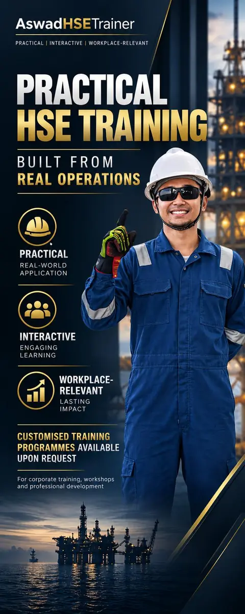 AswadHSETrainer banner: Practical HSE training built from real operations